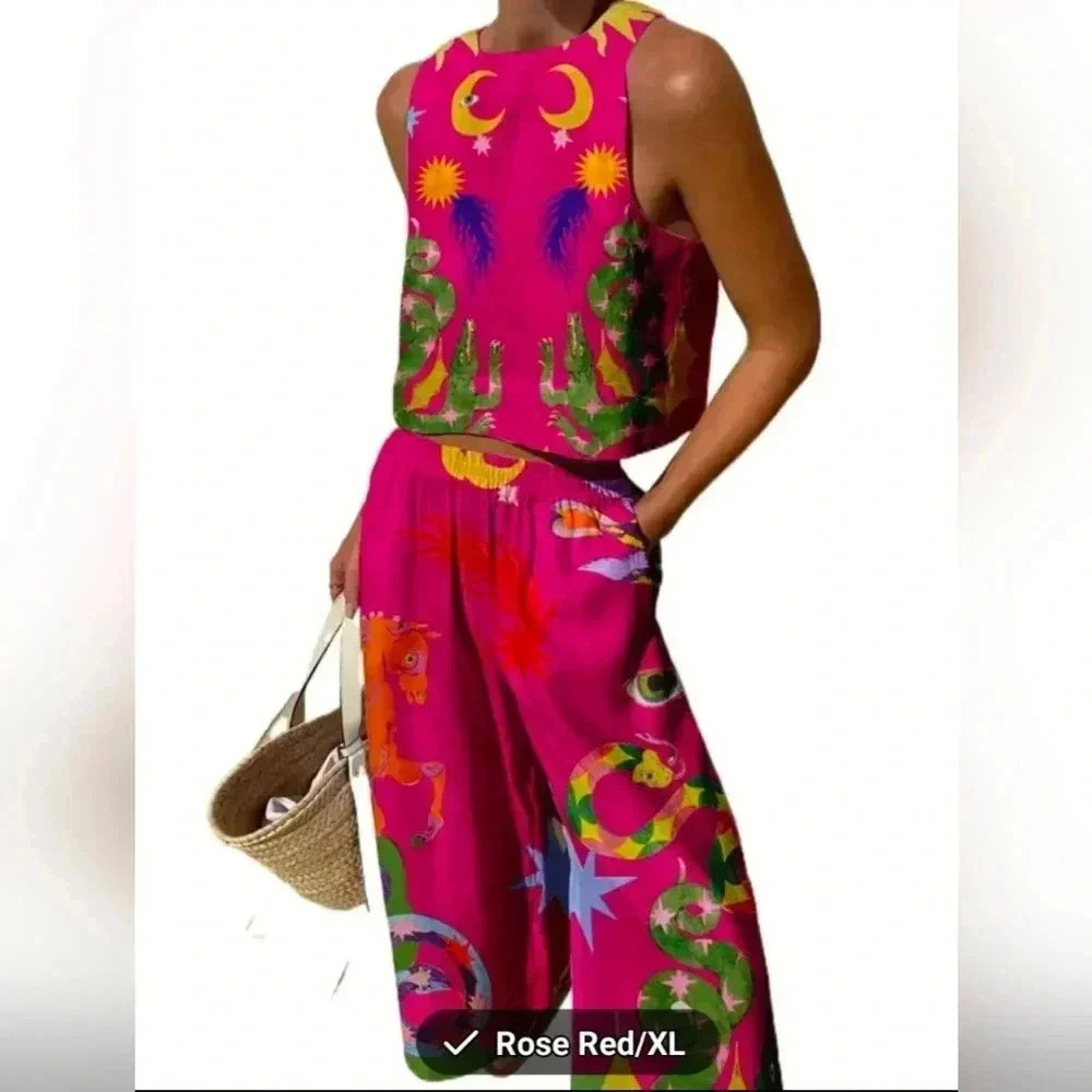 NWT Two Piece Graphic Print Sleeveless Crop Tank and Loose Fit Pant XL ONLY - Picture 2 of 4